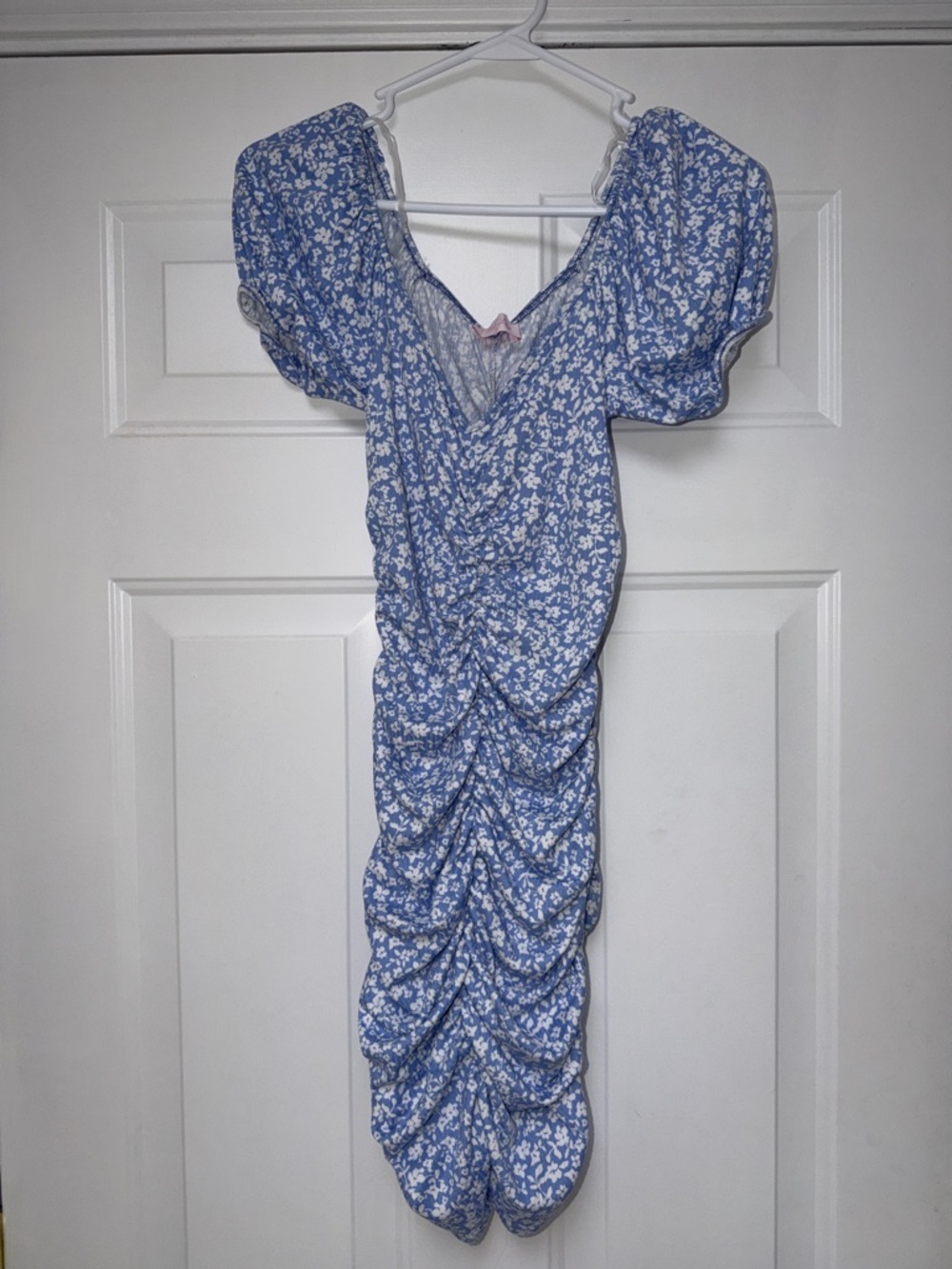 Pink Lily Blue Floral Ruched Puff Sleeve Dress